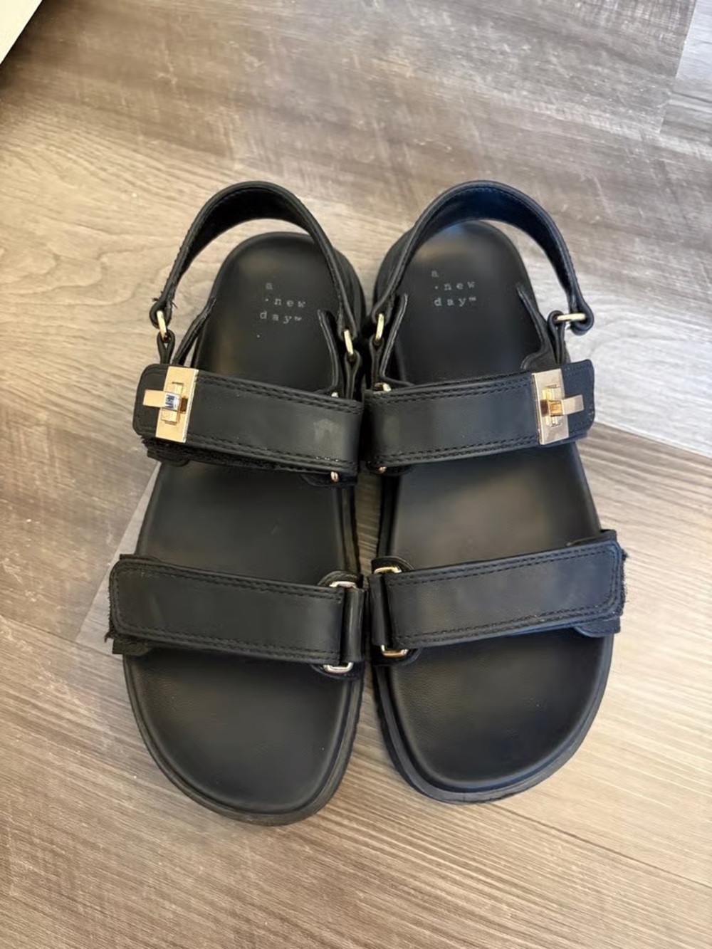 Time and Tru Black Strappy Sandals with Gold Buckle